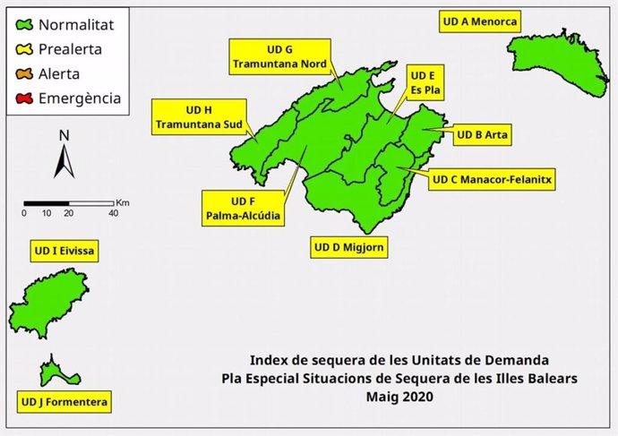 Índice de Sequía de las unidades de demanda de Baleares en mayo.