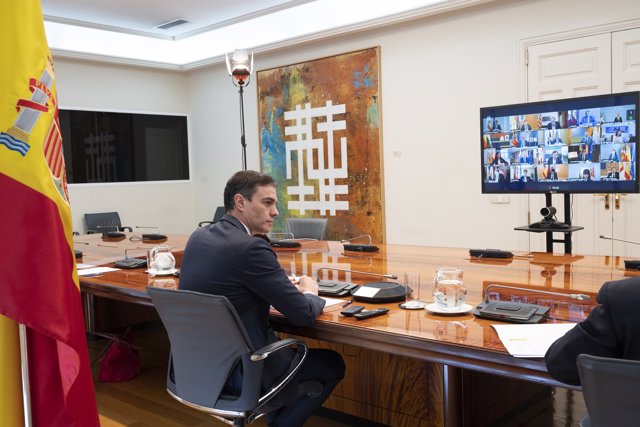 El presidente del Gobierno, Pedro Sánchez, en la videoconferencia con los presidentes autonómicos del 5 de abril de 2020
