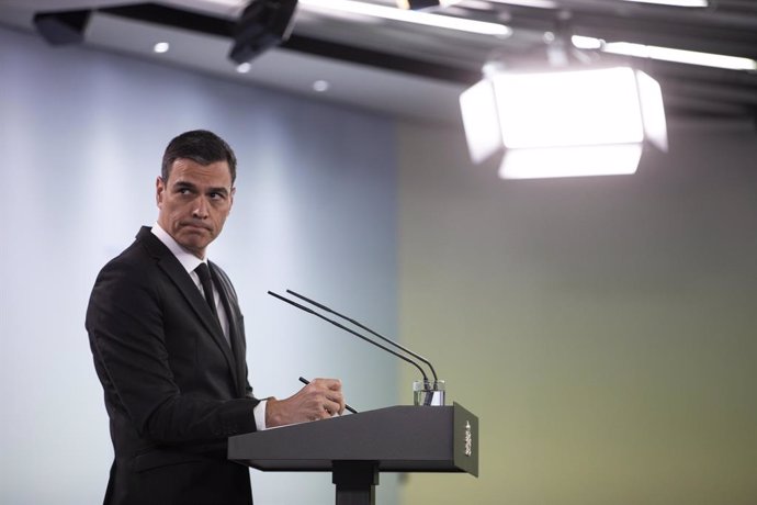 El president del Govern, Pedro Sánchez, durant una compareixena en roda de premsa.