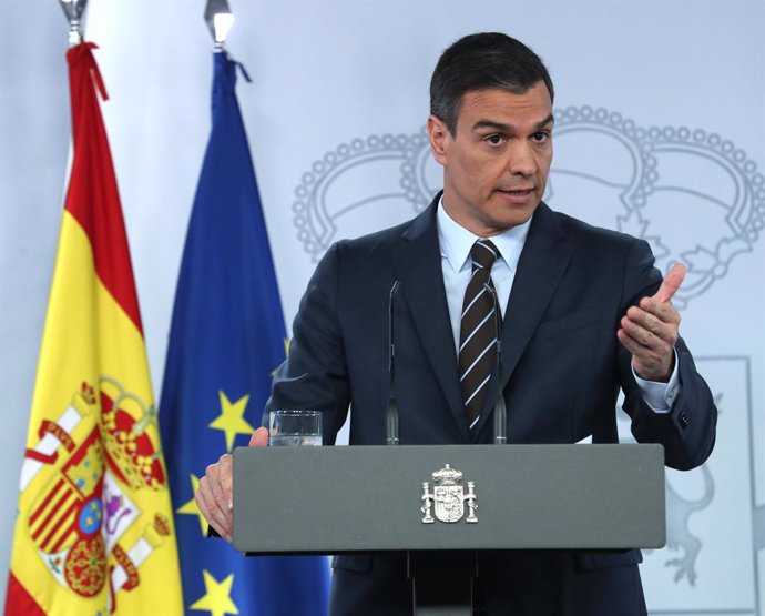 El president del Govern, Pedro Sánchez, durant una roda de premsa després de la seva reunió per videoconferncia amb els presidents autonmics, a Madrid (Espanya) a 7 de juny de 2020.