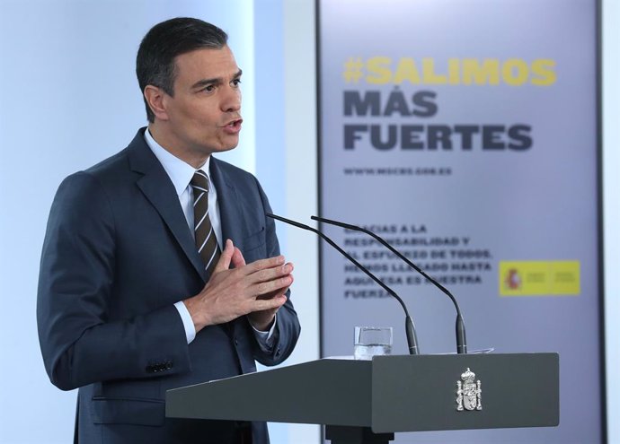 El presidente del Gobierno, Pedro Sánchez, durante una rueda de prensa tras su reunión por videoconferencia con los presidentes autonómicos, en Madrid (España) a 7 de junio de 2020.