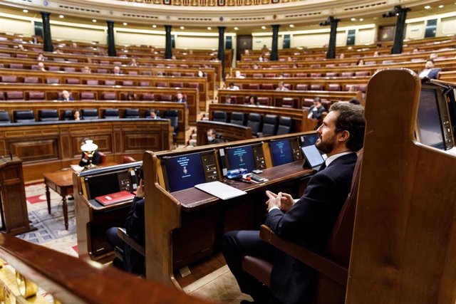 El presidente del Partido Popular, Pablo Casado, durante la sesión de control al Ejecutivo celebrado en el Parlamento, en Madrid, (España), a 3 de junio de 2020.