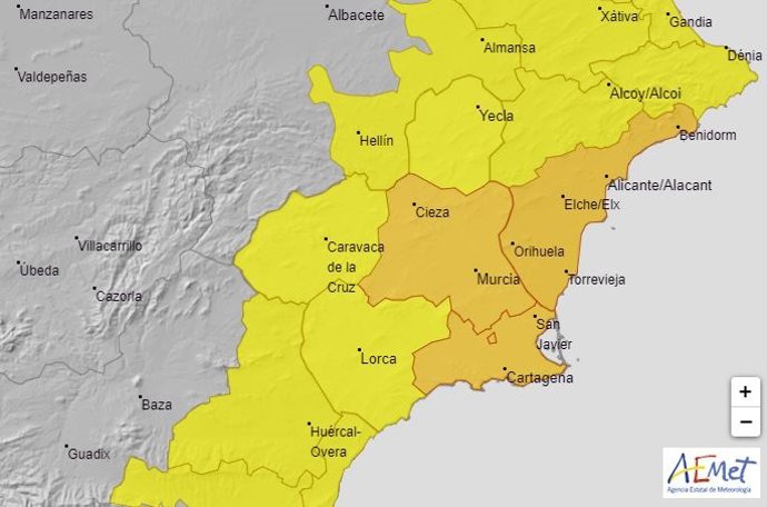 La Aemet mantiene la alerta naranja por tormentas este lunes en la Vega del Segura, Campo de Cartagena y Mazarrón