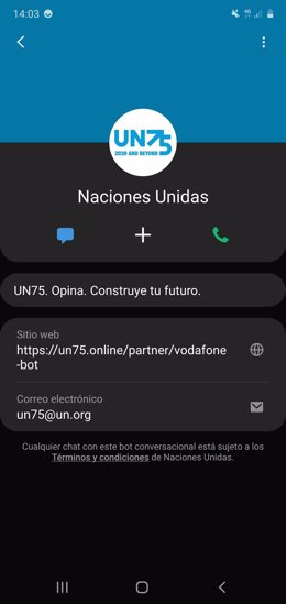 Chatbot desarrollado por Vodafone para dar soporte a la iniciativa UN75 de Naciones Unidas (ONU)