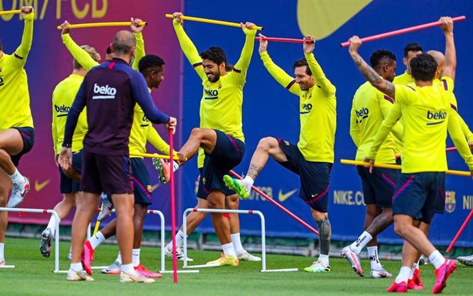 Messi y Luis Suárez en el entrenamiento del Barcelona
