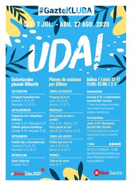 Cartel con el programa de ocio juvenil #GazteKluba Uda de Bilbao.