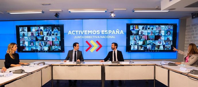 El líder del PP, Pablo Casado, preside la reunión de la Junta Directiva Nacional del PP. En Madrid, a 8 de junio de 2020.
