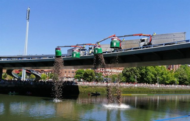 Suelta de 18.000 piñas de pino en la ría en la VII Estropatada