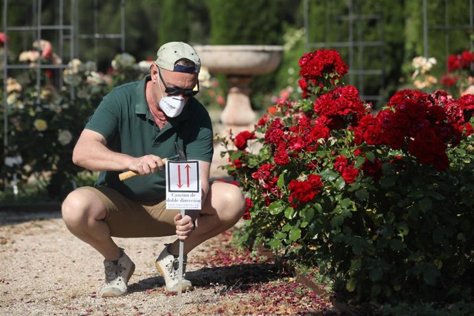 Un trabajador coloca un cartel que señaliza que el camino es de doble dirección en el Real Jardín Botánico Juan Carlos I de la Universidad de Alcalá. En Alcalá de Henares, Madrid (España), a 3 de junio de 2020.