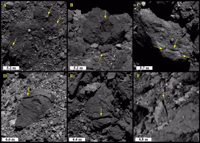 Ejemplos de deosgregación y fracturas en rocas del asteroide Bennui por efecto térmico