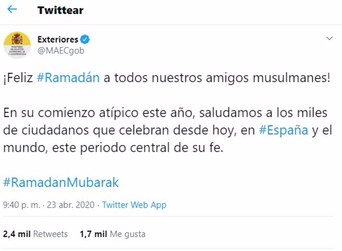 Tuit del Ministerio de Asuntos Exteriores, UE y Cooperación felicitando el Ramadán a los musulmanes