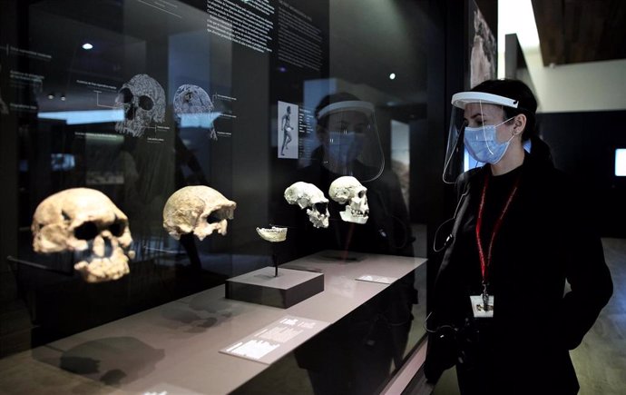 Una trabajadora con pantalla y mascarilla observa las obras disponibles en el Museo Arqueológico