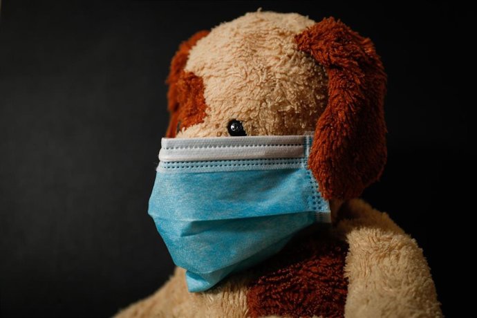 Un peluche de un perro con una mascarilla quirúrgica, en Valdemoro (Comunidad de Madrid/España) a 26 de abril de 2020. 