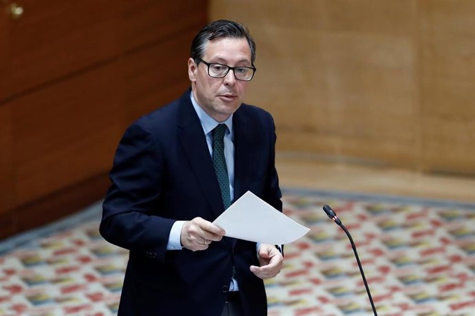 El portavoz del PP Alfonso Serrano Sánchez-Capuchino durante la sesión de control al ejecutivo regional en la Asamblea de Madrid.