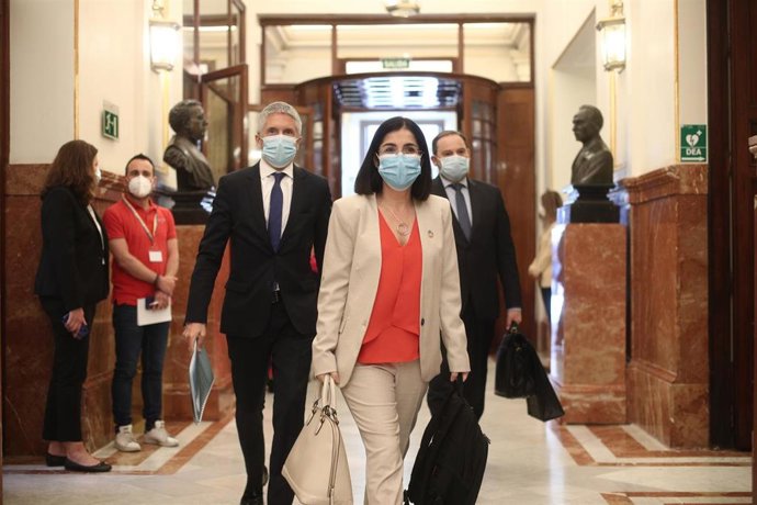 El ministro del Interior, Fernando Grande-Marlaska, la ministra de Política Territorial y Función Pública, Carolina Darias, y el ministro de Transportes, Movilidad y Agenda Urbana, José Luis Ábalos, al llegar al Congreso.