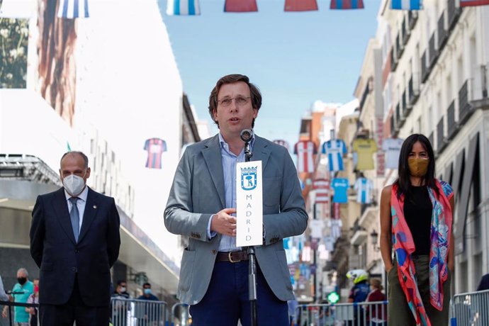 Javier Tebas, President of LaLiga, Jose Luis Martinez-Almeida, Mayor of Madrid, and Begona Villacis, Vice-Mayor of Madrid, are seen during an event celebrated on Calle Preciados in Madrid in which the City Council supports the restart of the remaining m