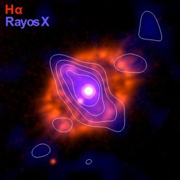 Combinación de imágenes de la nova DQ Her en rayos X (azul) obtenidas con el telescopio espacial Chandra y H-alfa (rojo) del Nordic Optical Telescope. Los contornos trazan la emisión en rayos X del flujo magnetizado que emana de DQ Her. (Toalá et al. 20