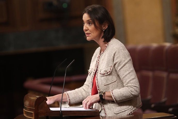 La ministra de Industria, Comercio y Turismo, Reyes Maroto, durante su intervención en el pleno celebrado en el Congreso 
