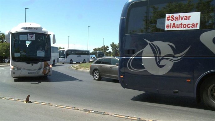 El sector del transporte en autobús discrecional y turístico se ha manifestado este miércoles por distintos puntos de la ciudad de Badajoz.