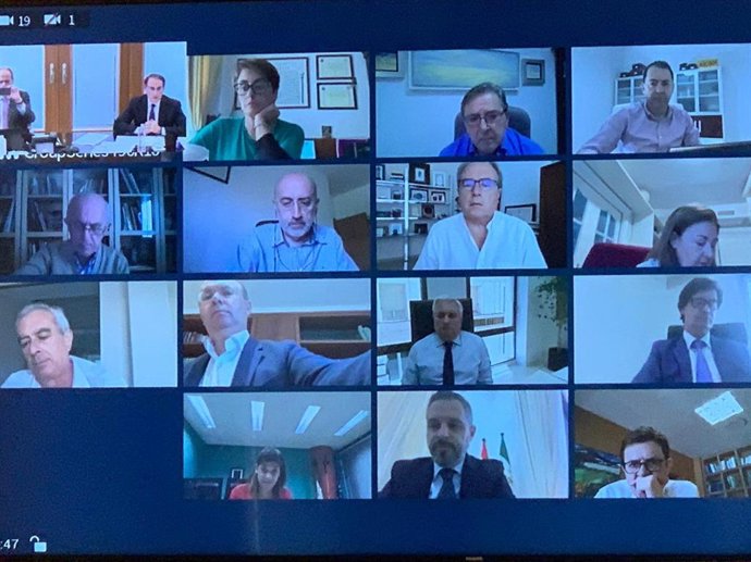 Imagen del encuentro virtual de la reunión del Consejo de Administración de Garántia, que contó en su clausura con el consejero de Hacienda, Juan Bravo. 