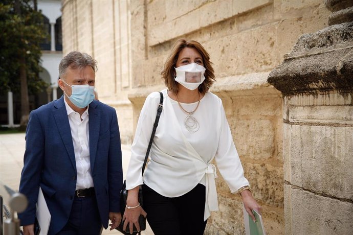 La secretaria general del PSOE-A, Susana Díaz, a su llegada al Parlamento andaluz junto al portavoz del PSOE-A, José Fiscal, en una imagen de archivo.