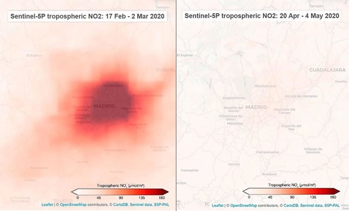Niveles de NO2 en la Comunidad de Madrid, a la izquierda del 17 de febrero al 2 de marzo, y a la derecha del 20 de abril al 4 de mayo, ya durante el confinamiento por la pandemia