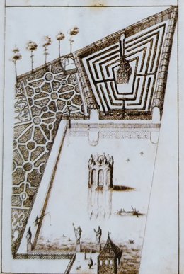 Dibujo del estanque con el escollo, el embarcadero y el laberinto de Lastanosa. Biblioteca Nacional, 1651
