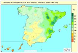 El mapa de lluvias acumuladas en España desde el 1 de octubre de 2019 hasta el 9 de junio de 2020  refleja que ha llovido más de lo normal en el conjunto de España, excepto en el cuadrante suroeste y en Canarias.