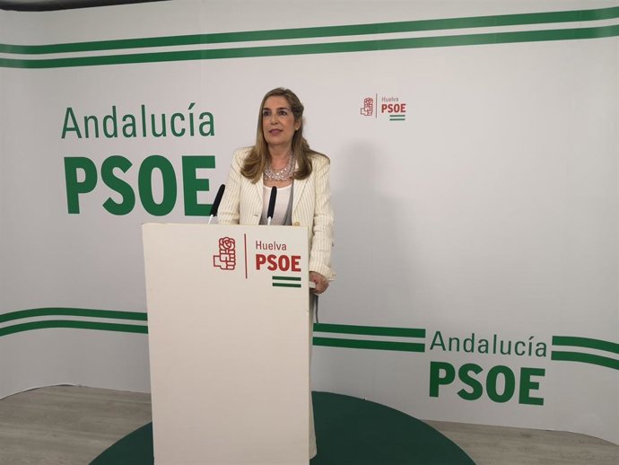 La parlamentaria andaluza por el PSOE de Huelva y vocal en la Comisión de Economía, Conocimiento, Empresas y Universidad en la Cámara andaluza, Manuela Serrano, en rueda de prensa.