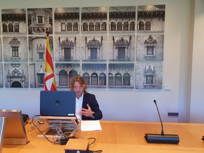 El diputado de Deportes de la Diputación de Barcelona, David Escudé, durante una rueda de prensa telemática este viernes 12 de junio de 2020.