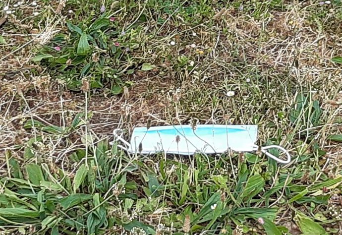 Mascarilla tirada en un jardín.