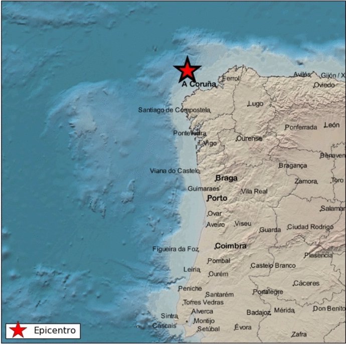Epicentro del temblor en la costa noroeste de Galicia