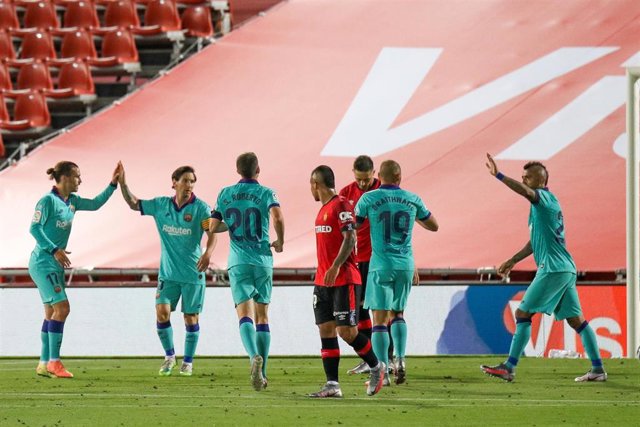 Martin Braithwaite of FC Barcelona celebrates a goal during the spanish league, LaLiga, football match played between RCD Mallorca and FC Barcelona at Son Moix Stadium in the restart of the Primera Division