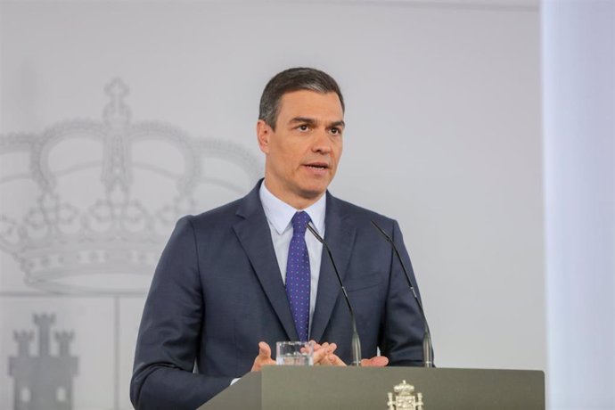El presidente del Gobierno, Pedro Sánchez, durante su comparecencia en rueda de prensa en el Palacio de la Moncloa.