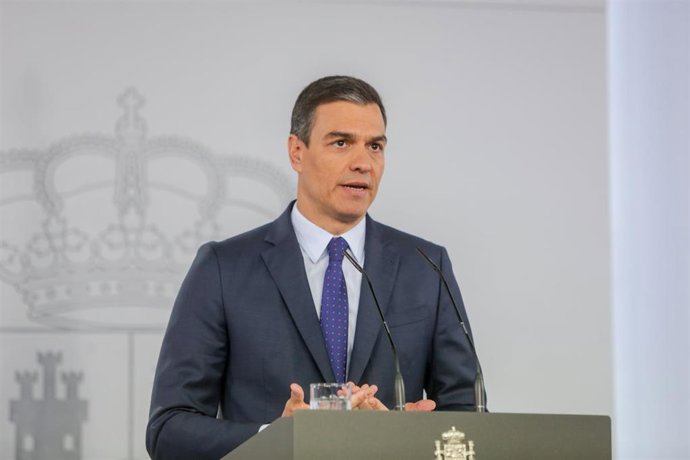 El presidente del Gobierno, Pedro Sánchez, durante su comparecencia en rueda de prensa en el Palacio de la Moncloa tras la última conferencia con los presidentes autonómicos por videoconferencia durante el estado de alarma, que terminará el próximo 21 d