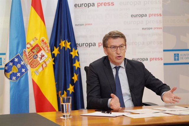 El presidente de la Xunta de Galicia, Alberto Núñez Feijóo, participa en uno de los Encuentros Digitales de Europa Press  en Santiago de Compostela, A Coruña, Galicia (España), a 15 de junio de 2020.