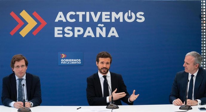 El presidente del PP, Pablo Casado, se reúne con alcaldes del PP cuando se cumple un año de lo que el partido llama "gobiernos de la libertad". En Madrid, a 15 de junio de 2020.