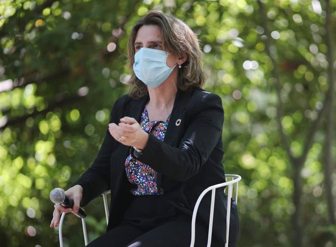 La vicepresidenta cuarta del Gobierno, Teresa Ribera, durante un coloquio científico en el Real Jardín Botánico durante el Día Mundial del Medioambiente. En Madrid (España), a 5 de junio de 2020.