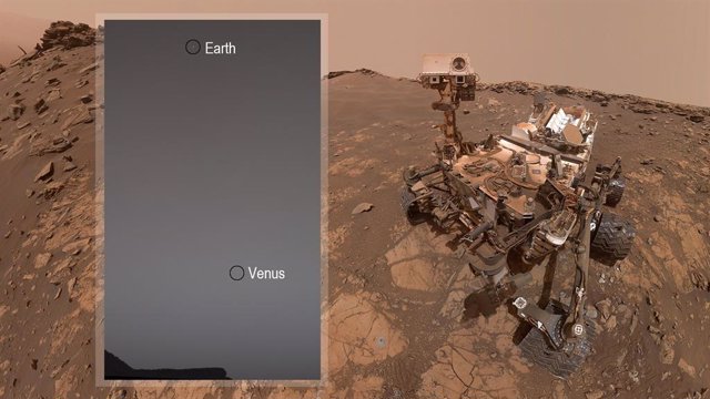 Imágenes combinadas de Venus y la Tierra en el cielo marciano, y del rover Curiosity en su zona de trabajo en superficie