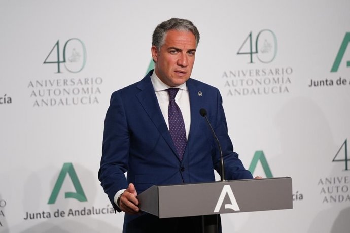 El consejero de la Presidencia, Administración Pública e Interior y portavoz del Gobierno, Elías Bendodo, en rueda de prensa