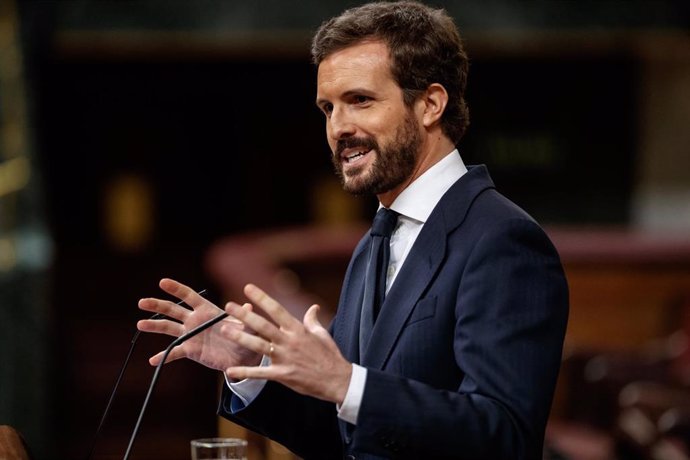 El presidente del Partido Popular, Pablo Casado, durante su réplica en la sesión en la que se ejerce el control al Gobierno y se trata la sexta prórroga del estado de alarma por la crisis del Covid-19. En Madrid, (España), a 3 de junio de 2020.