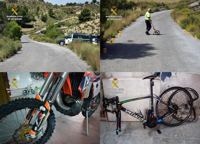 Imagen del camino en el que tuvo lugar el accidente, la motocicleta intervenida y la bici del herido