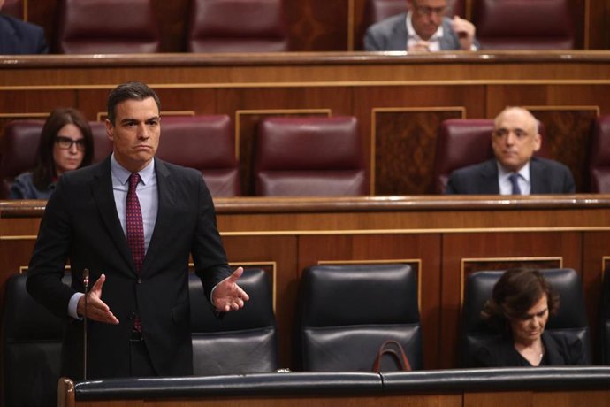 El presidente del Gobierno, Pedro Sánchez, durante su intervención en el Pleno del Congreso de los Diputados 