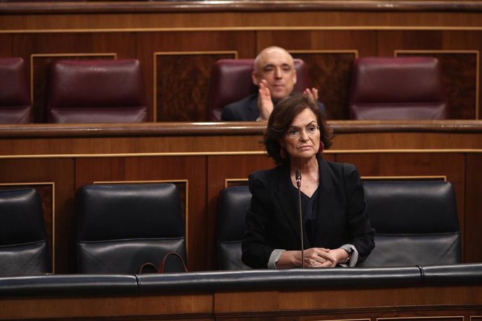 La vicepresidenta primera del Gobierno, Carmen Calvo, interviene durante la sesión plenaria de control al Gobierno en el Congreso. En Madrid, (España), a 10 de junio de 2020.