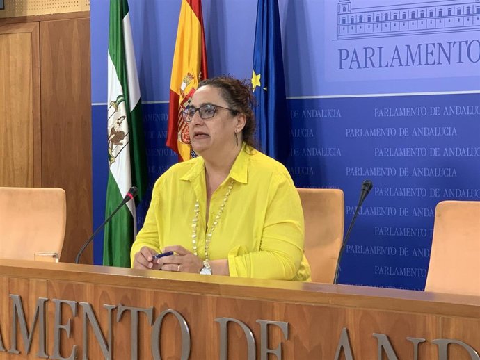 La portavoz adjunta del grupo parlamentario Adelante Andalucía, Ángela Aguilera, en rueda de prensa
