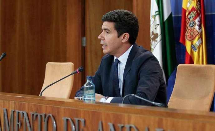 El portavoz parlamentario de Ciudadanos (Cs) en Andalucía, Sergio Romero, en rueda de prensa en el Parlamento.