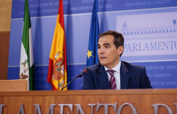 El portavoz parlamentario del PP-A, José Antonio Nieto, en rueda de prensa en el Parlamento.