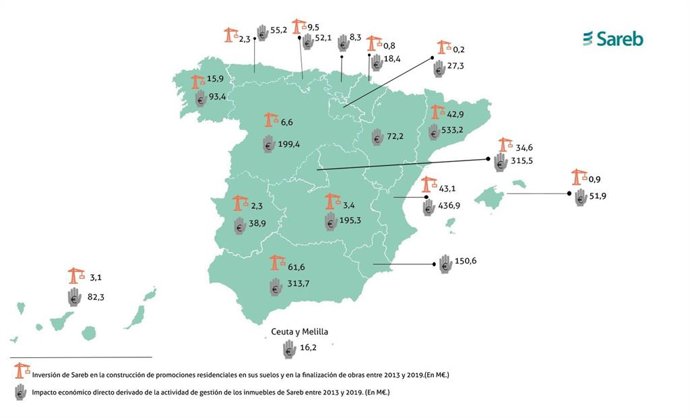 Mapa con la contribución de la Sareb a la economía española, desglosada por comunidades. 