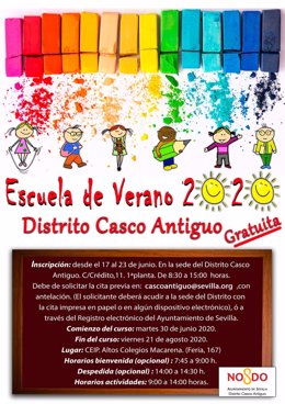 Cartel de la escuela de verano 2020 del Distrito Casco Antiguo, con 360 plazas ofertadas