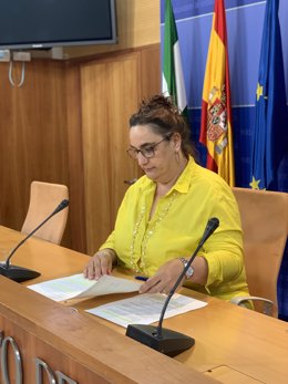 La portavoz adjunta del grupo parlamentario Adelante Andalucía, Ángela Aguilera, en rueda de prensa